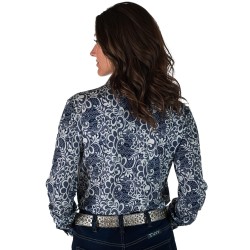 Cowgirl Tuff Pullover Button Up Blue With White Lace Print