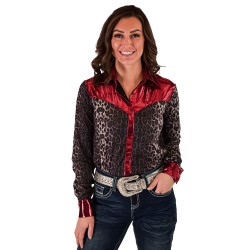Cowgirl Tuff Pullover Button Up Gray Leopard With Red Metallic Accent