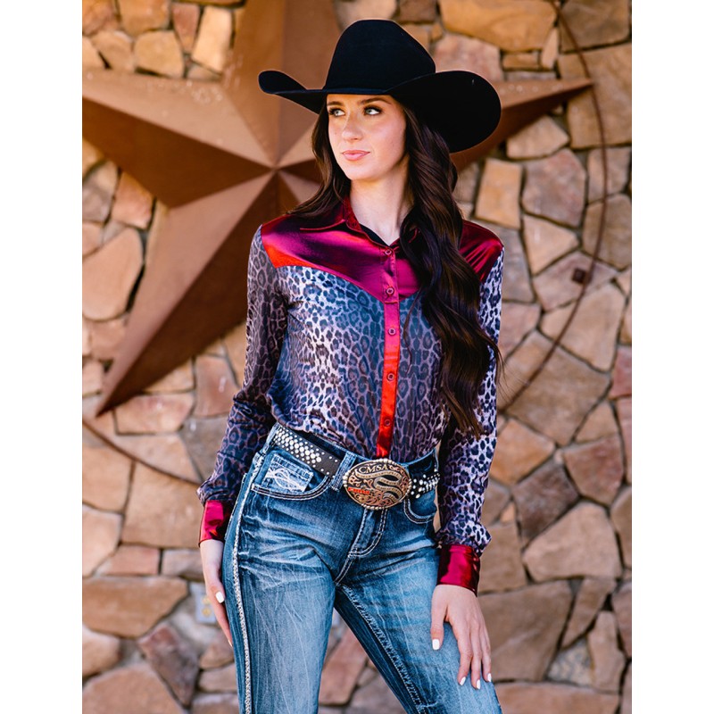 Cowgirl Tuff Pullover Button Up Gray Leopard With Red Metallic Accent