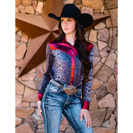 Cowgirl Tuff Pullover Button Up Gray Leopard With Red Metallic Accent