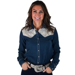 Cowgirl Tuff Pullover Button Up Denim With Cream Accents And Embroidery