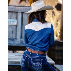 Cowgirl Tuff Pullover Button Up Denim With Cream Accents And Embroidery