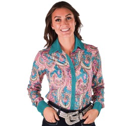 Cowgirl Tuff Pullover Button Up Pink Paisley With Turquoise Foil Metallic Accents