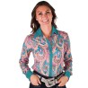 Cowgirl Tuff Pullover Button Up Pink Paisley With Turquoise Foil Metallic Accents