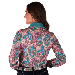 Cowgirl Tuff Pullover Button Up Pink Paisley With Turquoise Foil Metallic Accents
