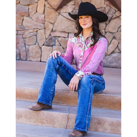 Cowgirl Tuff Pullover Button Up Pink Metallic With Colorful Paisley Accents