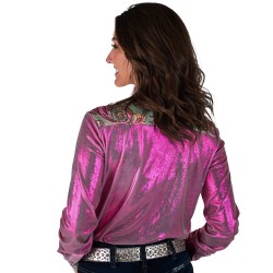 Cowgirl Tuff Pullover Button Up Pink Metallic With Colorful Paisley Accents