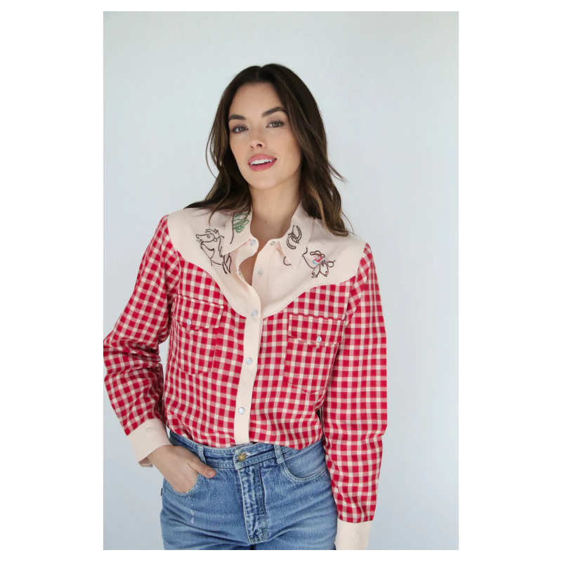 Howdy Hanny Red Gingham Western Button Down Rodeo Shirt