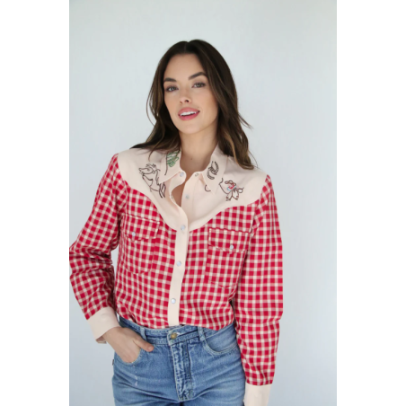 Howdy Hanny Red Gingham Western Button Down Rodeo Shirt