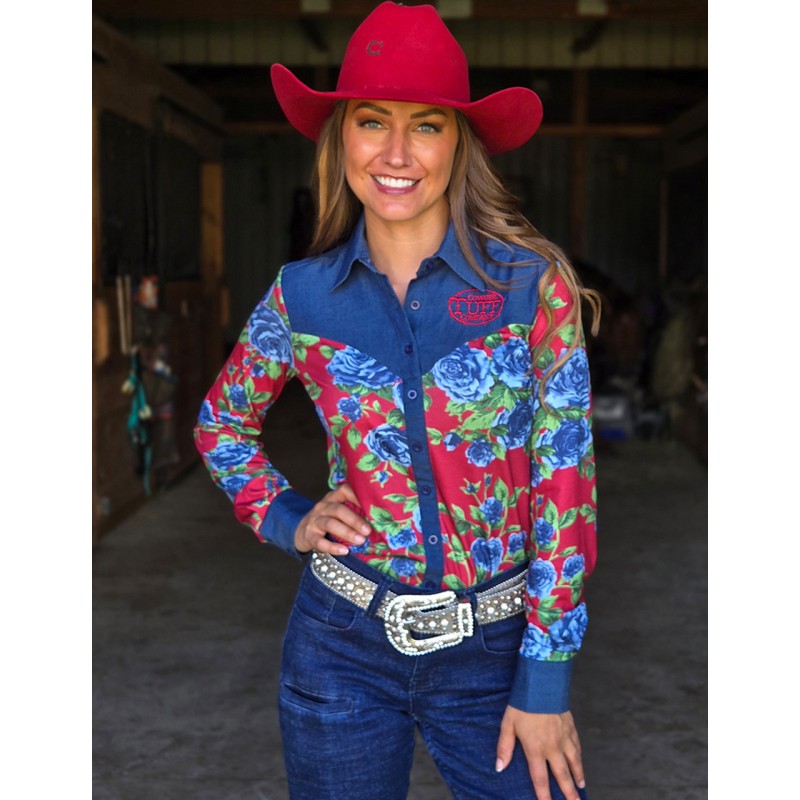 Cowgirl Tuff Pullover Button Up Denim and Roses