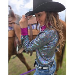 Cowgirl Tuff Pullover Button Up Multicolor Foil With Pink Accents Lightweight Stretch Jersey