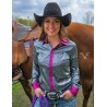 Cowgirl Tuff Pullover Button Up Multicolor Foil With Pink Accents Lightweight Stretch Jersey