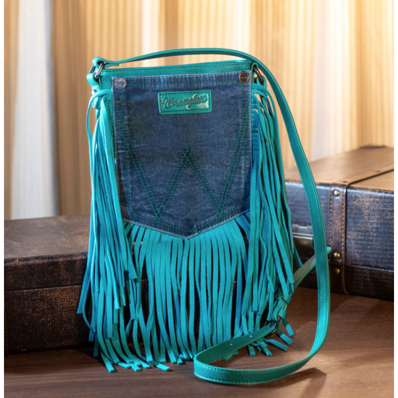 WG44-8360 Wrangler Leather Fringe Jean Denim Pocket Crossbody - Turquoise - Turquoise
