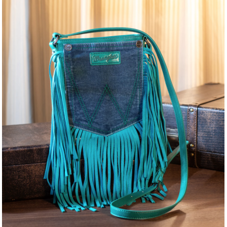 WG44-8360 Wrangler Leather Fringe Jean Denim Pocket Crossbody - Turquoise - Turquoise