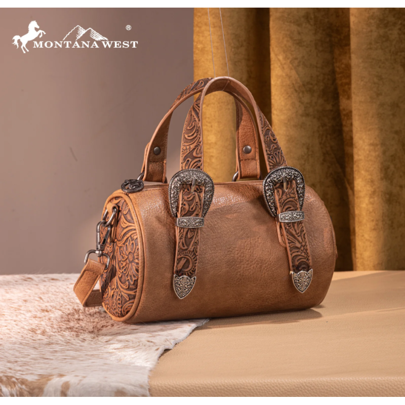 Montana West Western Tooled Buckle Collection Mini Barrel Crossbody Bag -Light Brown