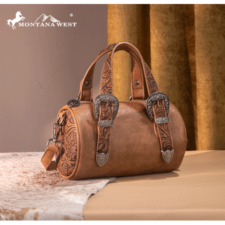 Montana West Western Tooled Buckle Collection Mini Barrel Crossbody Bag -Light Brown
