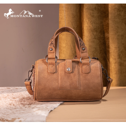 Montana West Western Tooled Buckle Collection Mini Barrel Crossbody Bag -Light Brown
