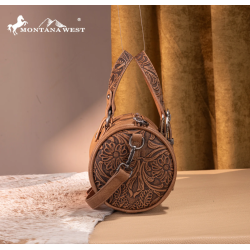 Montana West Western Tooled Buckle Collection Mini Barrel Crossbody Bag -Light Brown