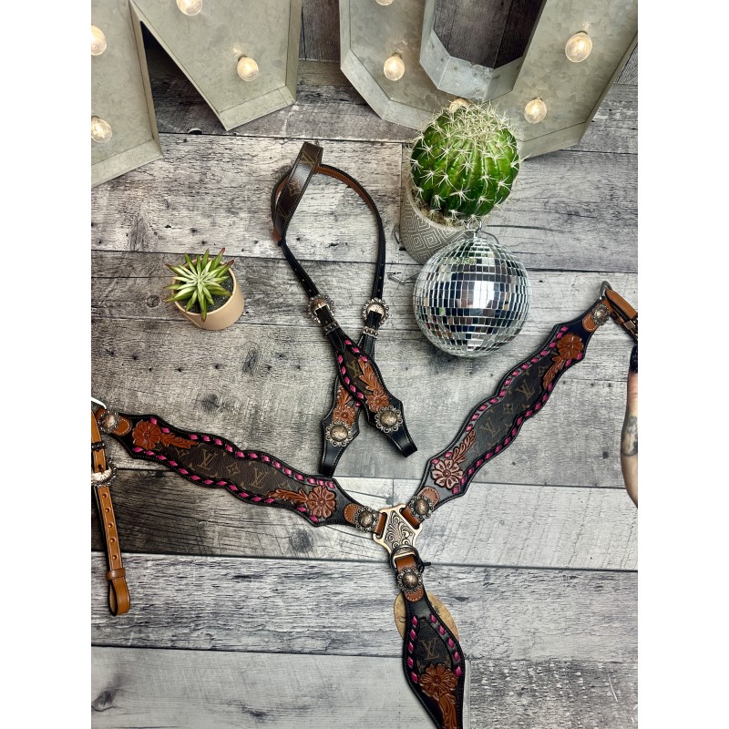 Pink Designer Leather Headstall & Breast Collar Set