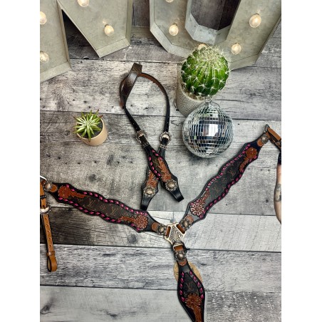 Pink Designer Leather Headstall & Breast Collar Set