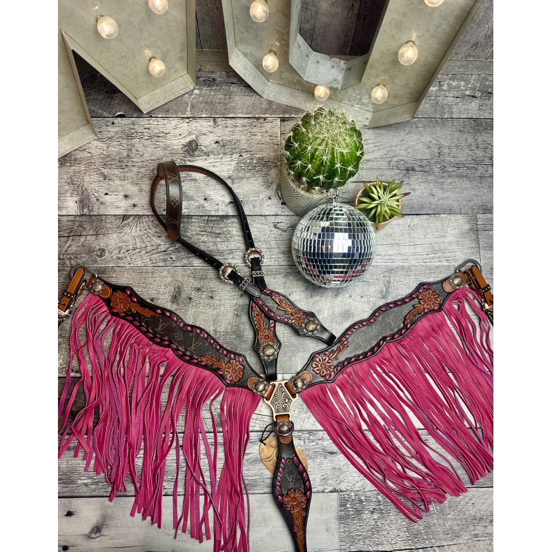 Pink Designer Leather Headstall & Fringe Breast Collar Set