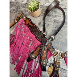Pink Designer Leather Headstall & Fringe Breast Collar Set