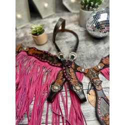 Pink Designer Leather Headstall & Fringe Breast Collar Set