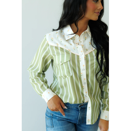 Howdy Hanny Olive Stripe Pearl Snap Rodeo Shirt