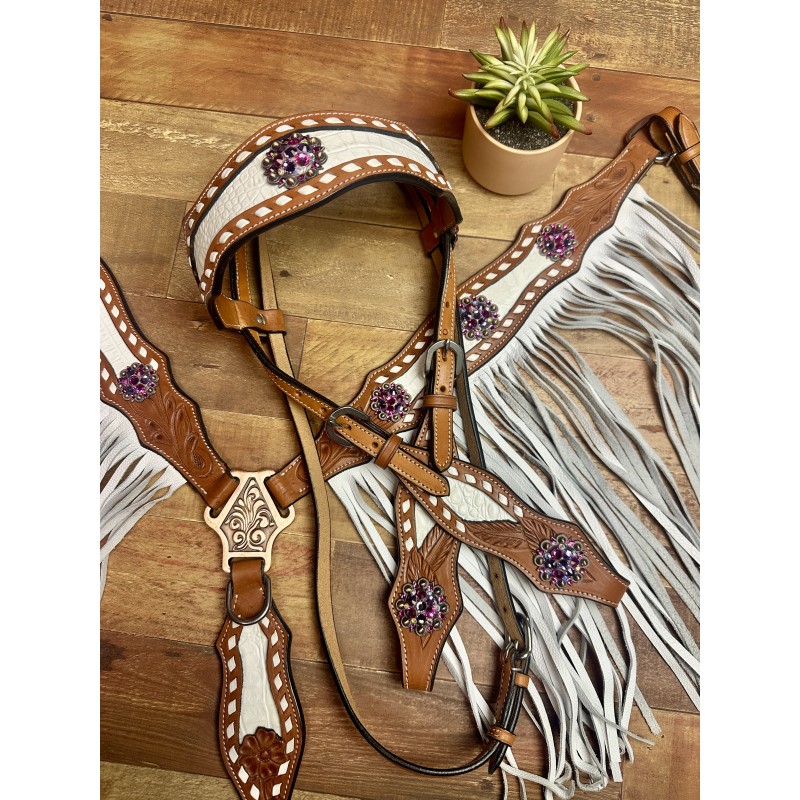 Pink Bling Ponderosa Headstall and Fringe Breast Collar Set
