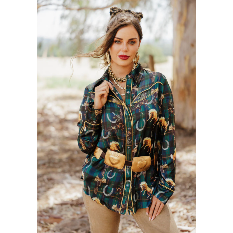 Rodeo Quincy Lucky Plaid Pony Buck Button Up