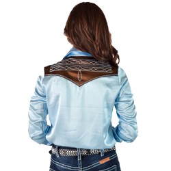 Cowgirl Tuff Pullover Button Up Brown and Sky Satin w/ Boot Stitch