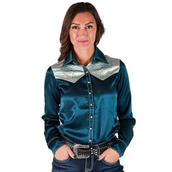 Cowgirl Tuff Pullover Button Up Teal and Mint Satin w/ Boot Stitch