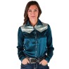 Cowgirl Tuff Pullover Button Up Teal and Mint Satin w/ Boot Stitch