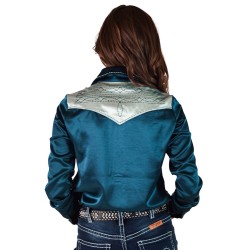Cowgirl Tuff Pullover Button Up Teal and Mint Satin w/ Boot Stitch