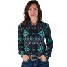 Cowgirl Tuff Pullover Button Up Turquoise and Black Pattern