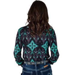 Cowgirl Tuff Pullover Button Up Turquoise and Black Pattern