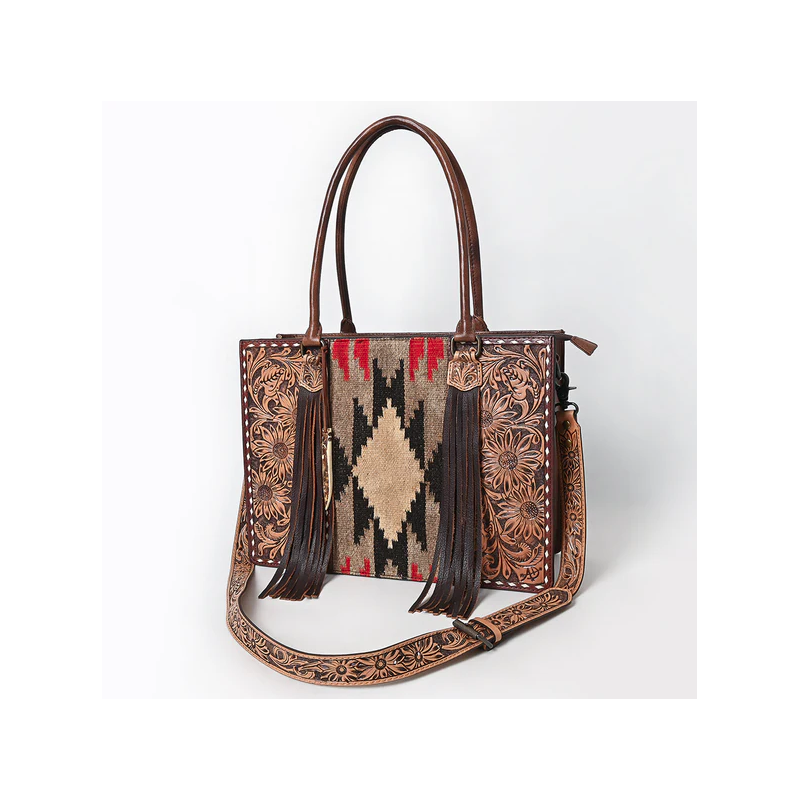 American Darling tooled leather aztec wool tote bag