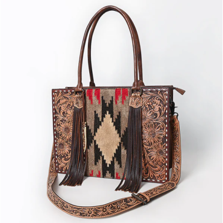 American Darling tooled leather aztec wool tote bag