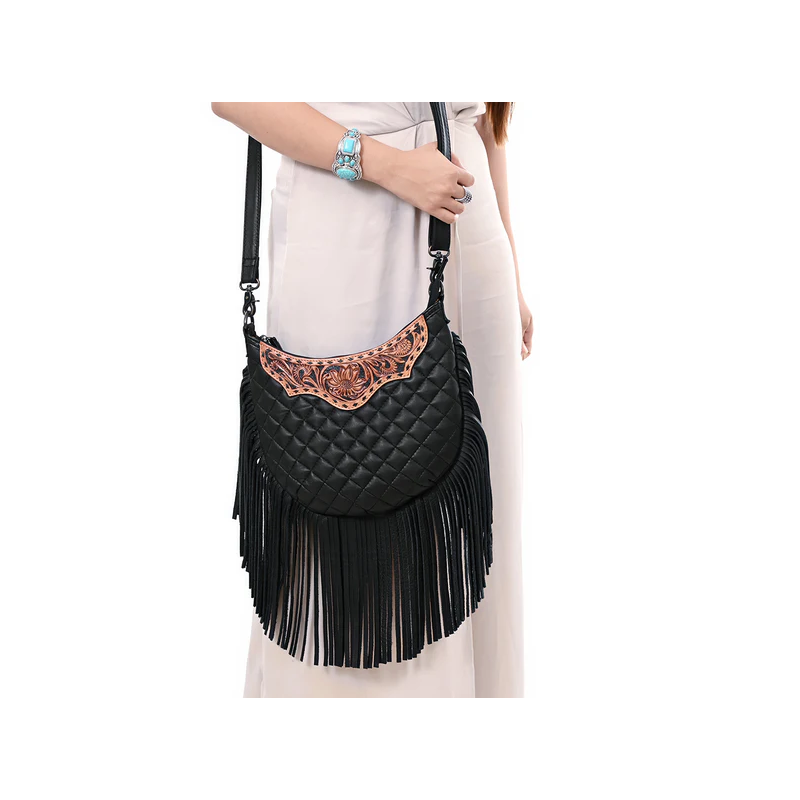 American Darling Quilted Crossbody Hobo Hand-Tooled Yoke Fringe Bag