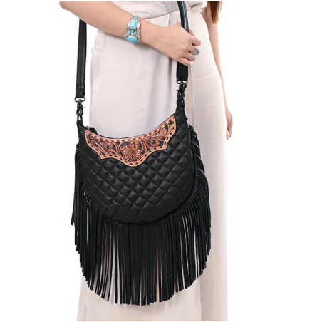 American Darling Quilted Crossbody Hobo Hand-Tooled Yoke Fringe Bag