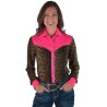 Cowgirl Tuff Pullover Button Up Pink Shimmer and Leopard Pattern
