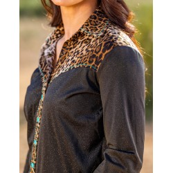 Cowgirl Tuff Pullover Button Up Black Shimmer and Leopard Pattern