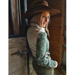 Cowgirl Tuff Pullover Button Up Sage Paisley & Cream Retro
