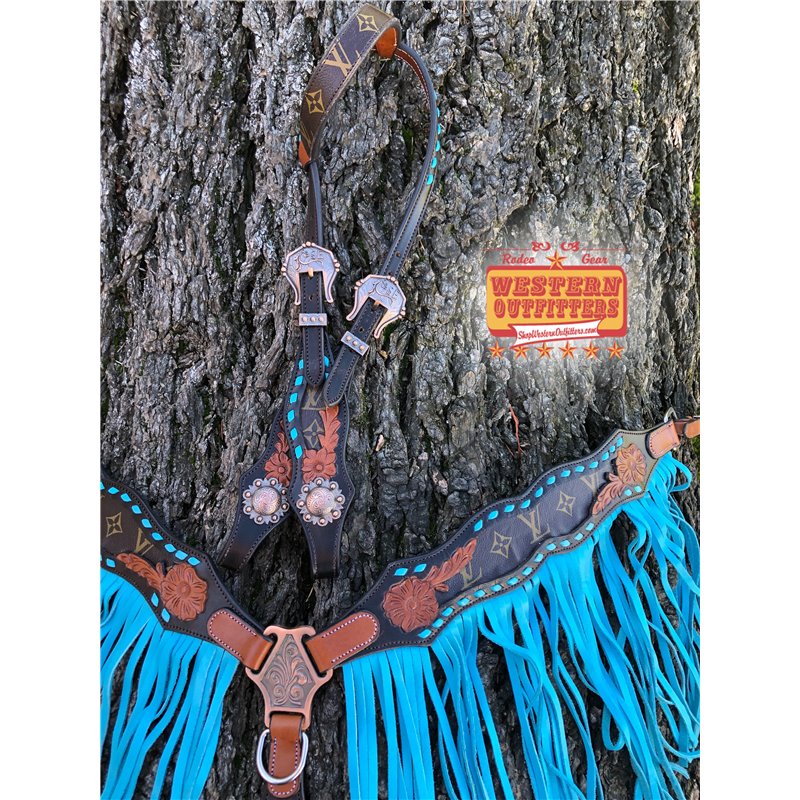 Showman ® double stitched leather headstall and breast collar set with tan suede fringe and floral tooling. main image 1