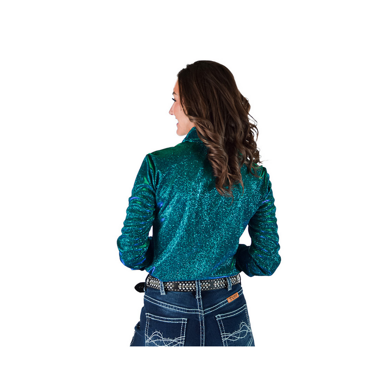 Cowgirl Tuff Turquoise Iridesent Shimmer on bonded Satin Pullover Button Up Midweight & Stretch