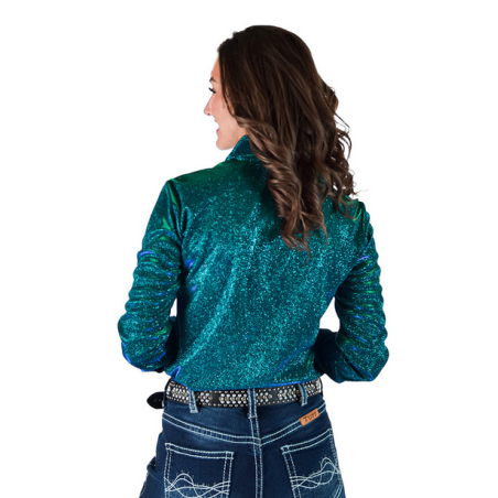 Cowgirl Tuff Turquoise Iridesent Shimmer on bonded Satin Pullover Button Up Midweight & Stretch