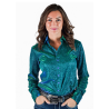 Cowgirl Tuff Turquoise Iridesent Shimmer on bonded Satin Pullover Button Up Midweight & Stretch