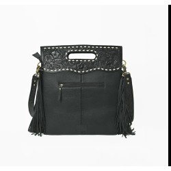 American Darling Hand Tooled Floral Leather Clutch Bag with Fringes and Cactus Concho