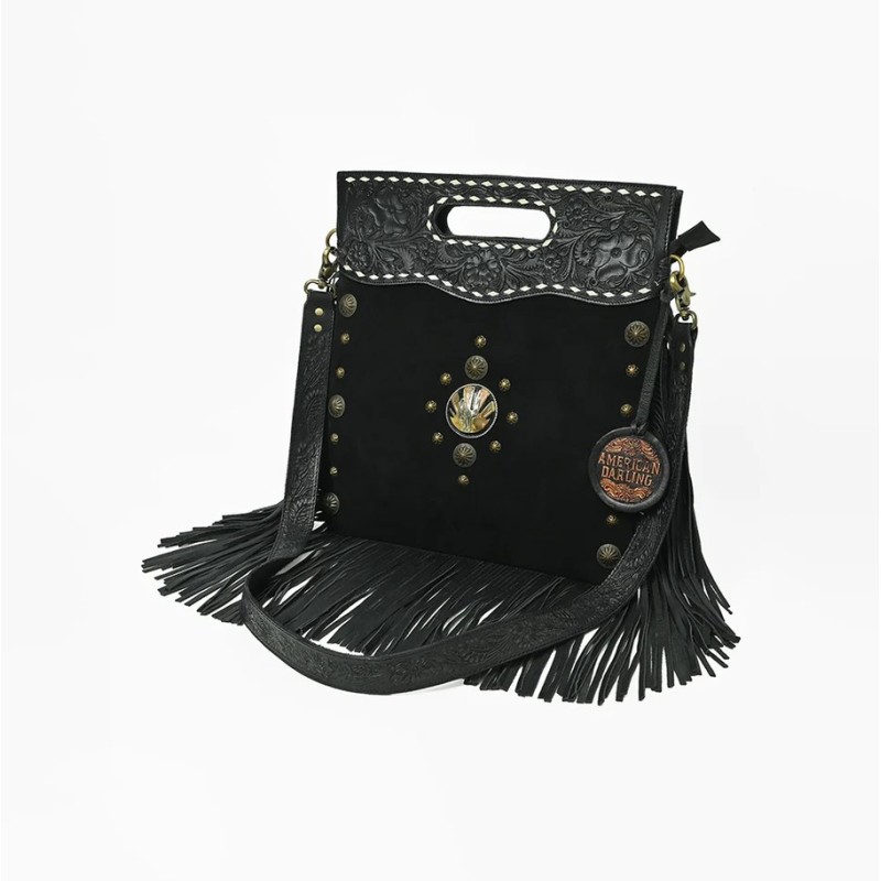 American Darling Hand Tooled Floral Leather Clutch Bag with Fringes and Cactus Concho