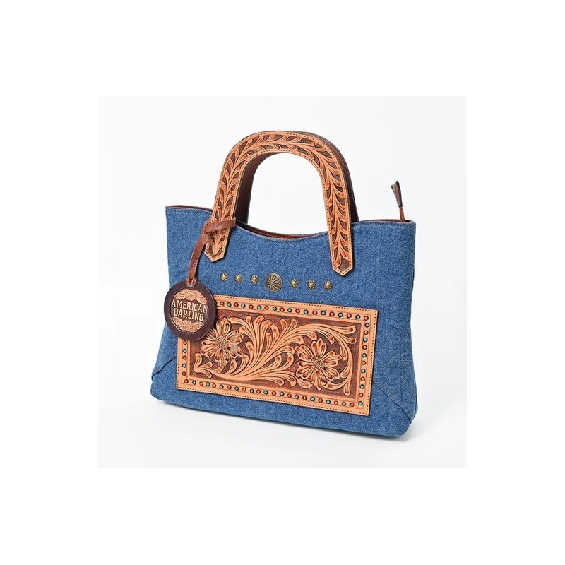 American Darling Denim, Harness & Floral Tooled Leather Tote Handbag